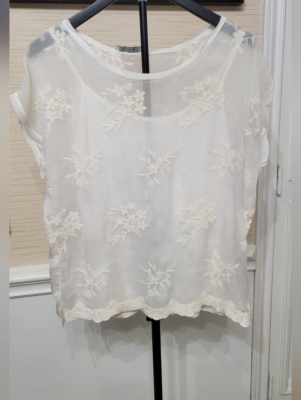 Silk Angela Moda Women's Sheer Floral Embroidered Blouse — Ivory/Cream